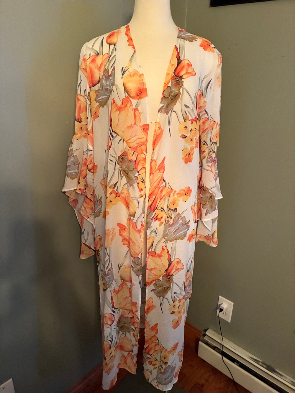 Umgee Floral Long Sheer Kimono Robe in White, Orange, Tan